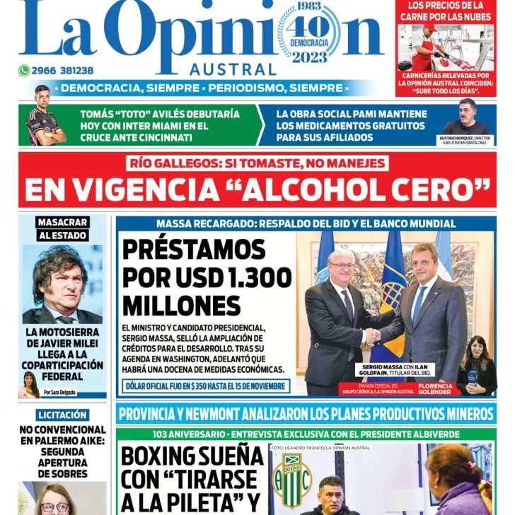 Diario La Opinión Austral tapa edición impresa del miércoles 23 de agosto de 2023, Río Gallegos, Santa Cruz, Argentina