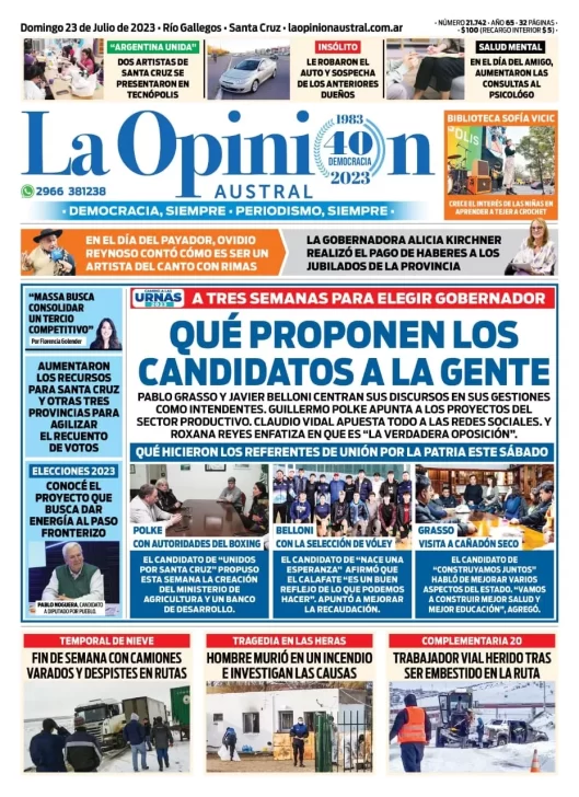 Diario La Opinión Austral tapa edición impresa del domingo 23 de julio de 2023, Río Gallegos, Santa Cruz, Argentina