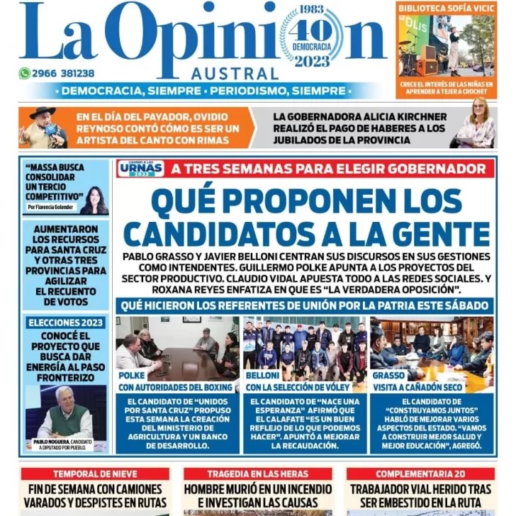 Diario La Opinión Austral tapa edición impresa del domingo 23 de julio de 2023, Río Gallegos, Santa Cruz, Argentina