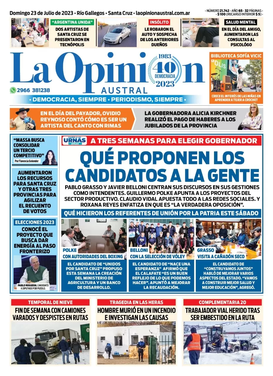 Diario La Opinión Austral tapa edición impresa del domingo 23 de julio de 2023, Río Gallegos, Santa Cruz, Argentina