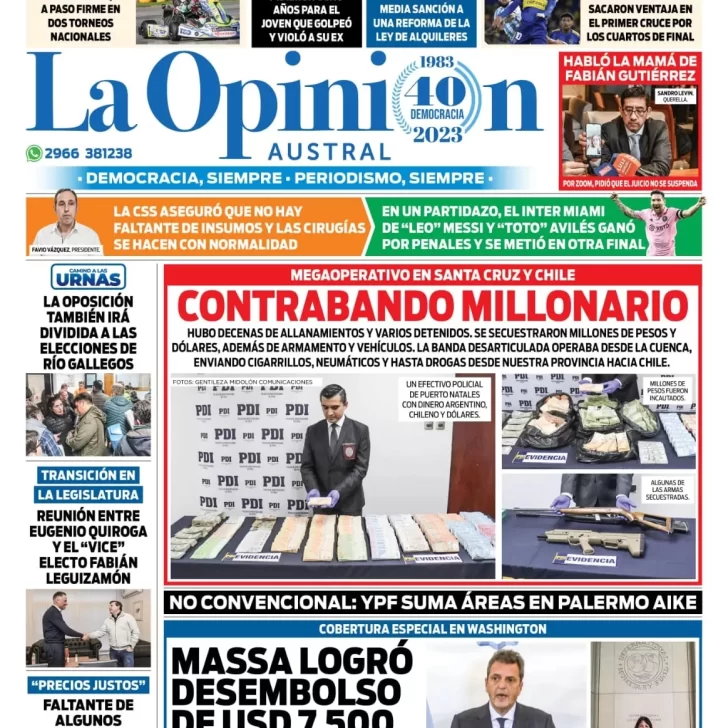 Diario La Opinión Austral tapa edición impresa del jueves 24 de agosto de 2023, Río Gallegos, Santa Cruz, Argentina