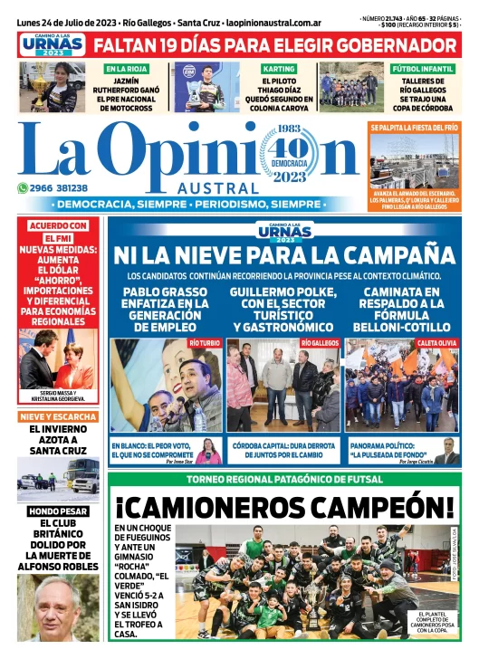 Diario La Opinión Austral tapa edición impresa del lunes 24 de julio de 2023, Río Gallegos, Santa Cruz, Argentina