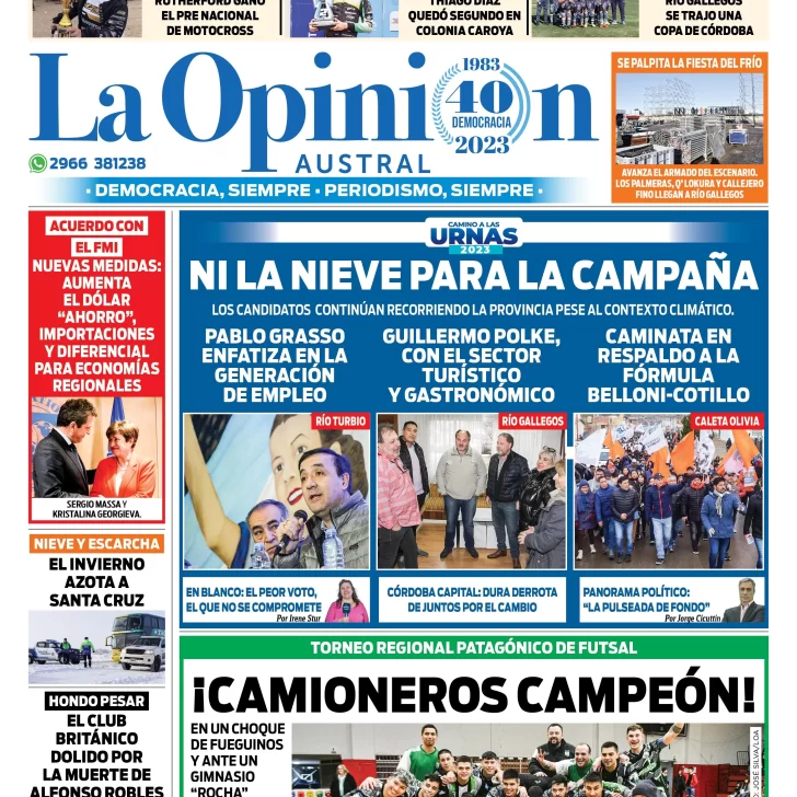 Diario La Opinión Austral tapa edición impresa del lunes 24 de julio de 2023, Río Gallegos, Santa Cruz, Argentina