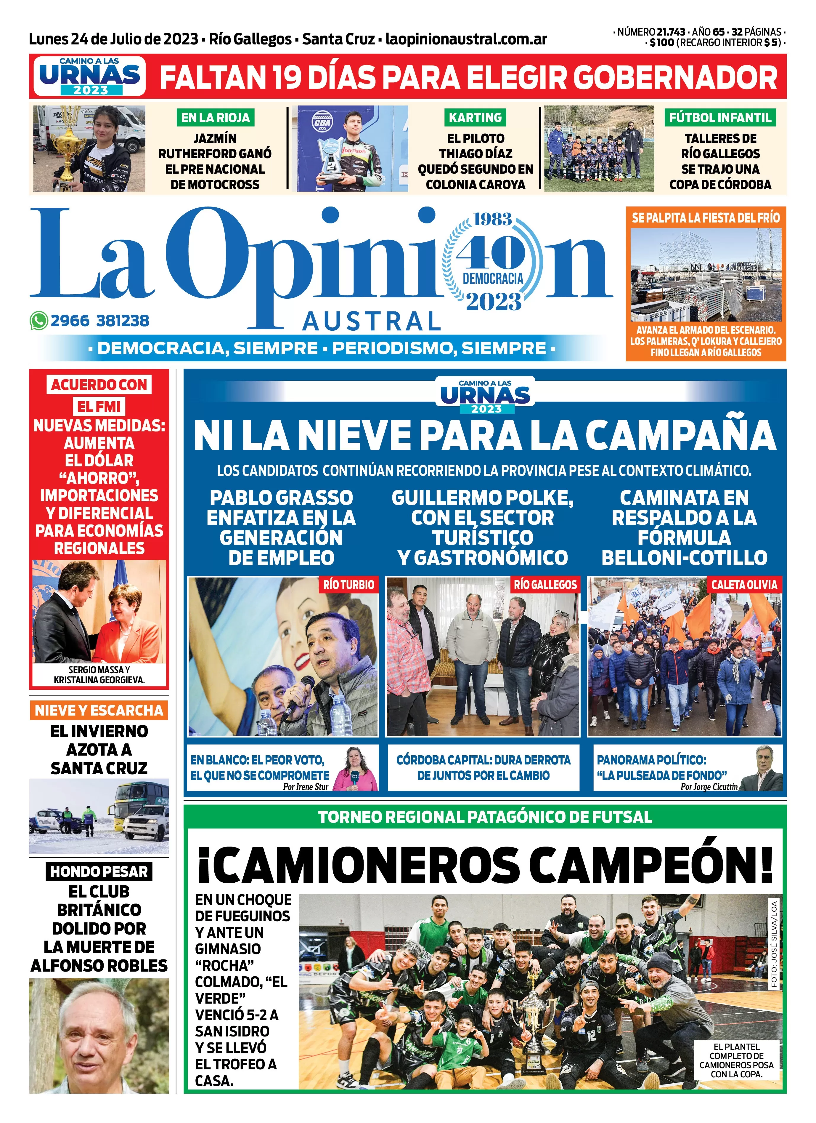 Diario La Opinión Austral tapa edición impresa del lunes 24 de julio de 2023, Río Gallegos, Santa Cruz, Argentina