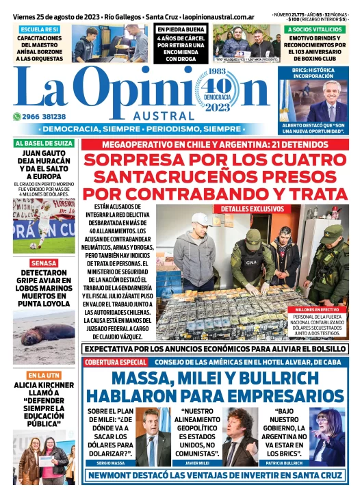 Diario La Opinión Austral tapa edición impresa del viernes 25 de agosto de 2023, Río Gallegos, Santa Cruz, Argentina