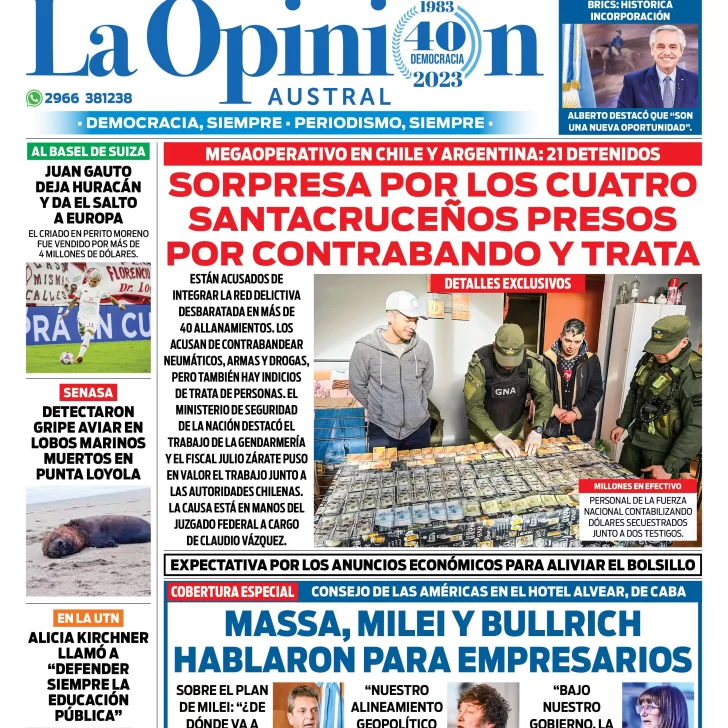 Diario La Opinión Austral tapa edición impresa del viernes 25 de agosto de 2023, Río Gallegos, Santa Cruz, Argentina