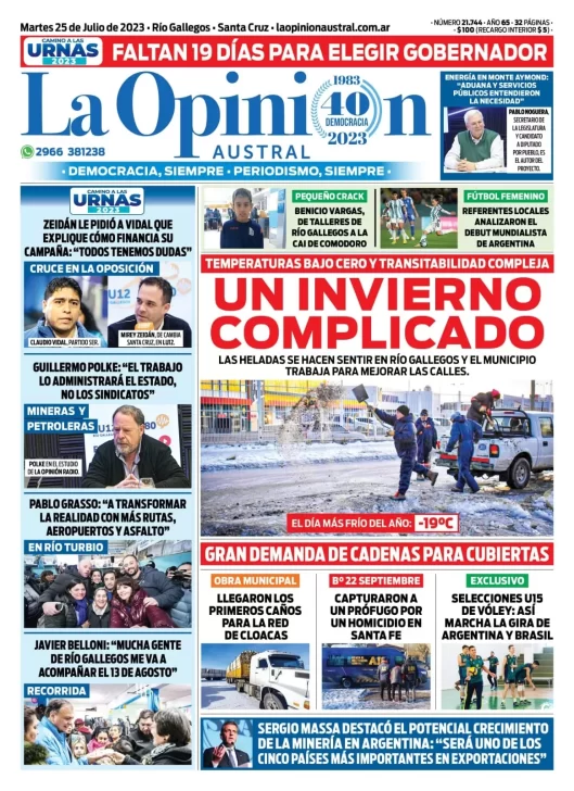 Diario La Opinión Austral tapa edición impresa del martes 25 de julio de 2023, Río Gallegos, Santa Cruz, Argentina