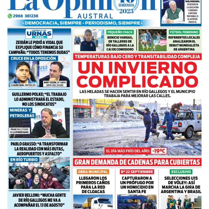 Diario La Opinión Austral tapa edición impresa del martes 25 de julio de 2023, Río Gallegos, Santa Cruz, Argentina