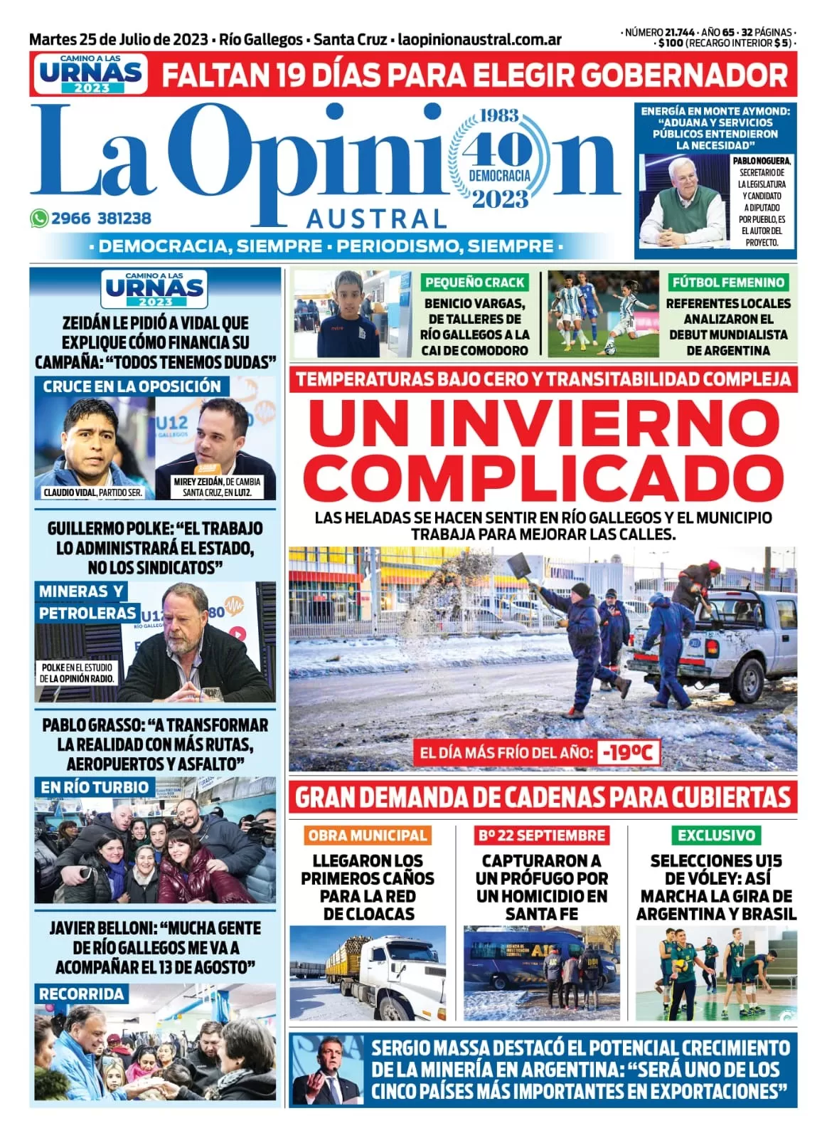 Diario La Opinión Austral tapa edición impresa del martes 25 de julio de 2023, Río Gallegos, Santa Cruz, Argentina