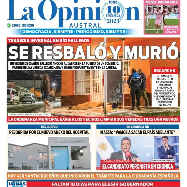 Diario La Opinión Austral tapa edición impresa del miércoles 26 de julio de 2023, Río Gallegos, Santa Cruz, Argentina