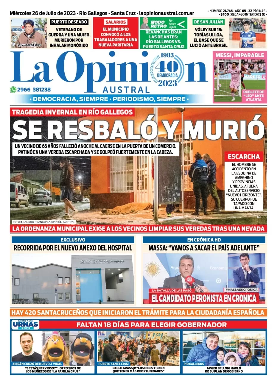 Diario La Opinión Austral tapa edición impresa del miércoles 26 de julio de 2023, Río Gallegos, Santa Cruz, Argentina