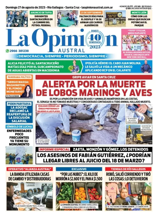 Diario La Opinión Austral tapa edición impresa del domingo 27 de agosto de 2023, Río Gallegos, Santa Cruz, Argentina