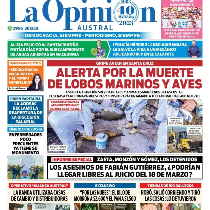 Diario La Opinión Austral tapa edición impresa del domingo 27 de agosto de 2023, Río Gallegos, Santa Cruz, Argentina