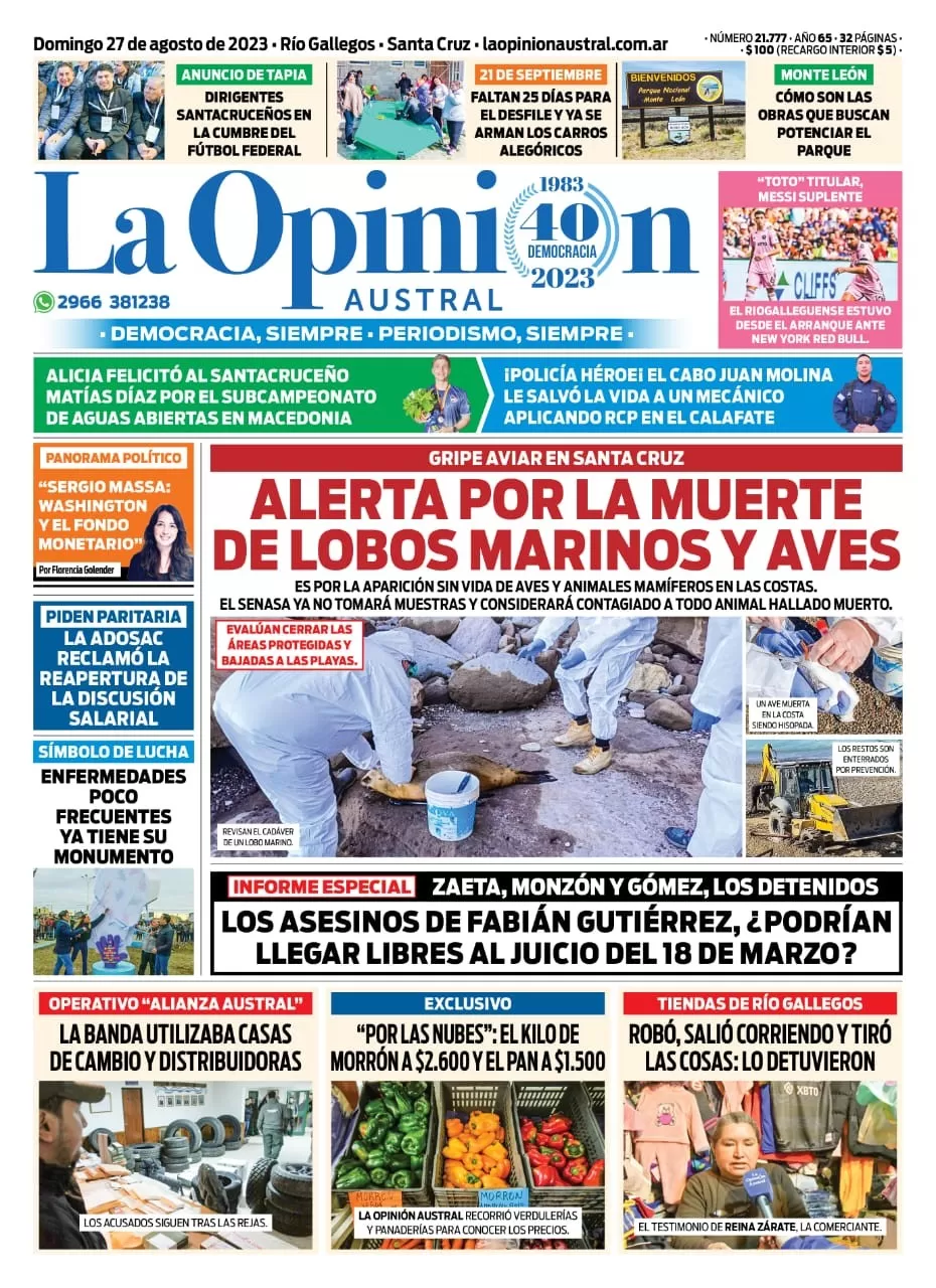 Diario La Opinión Austral tapa edición impresa del domingo 27 de agosto de 2023, Río Gallegos, Santa Cruz, Argentina