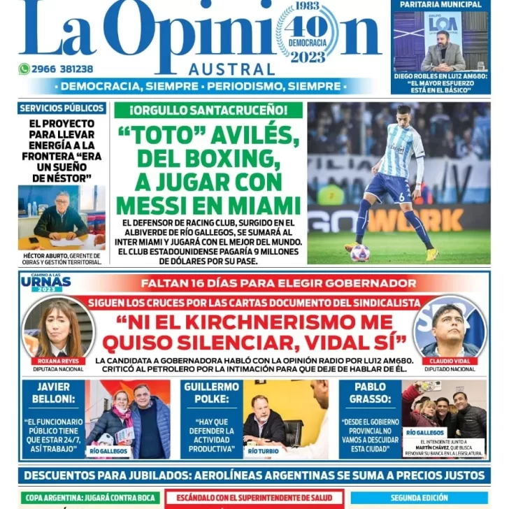 Diario La Opinión Austral tapa edición impresa del viernes 28 de julio de 2023, Río Gallegos, Santa Cruz, Argentina