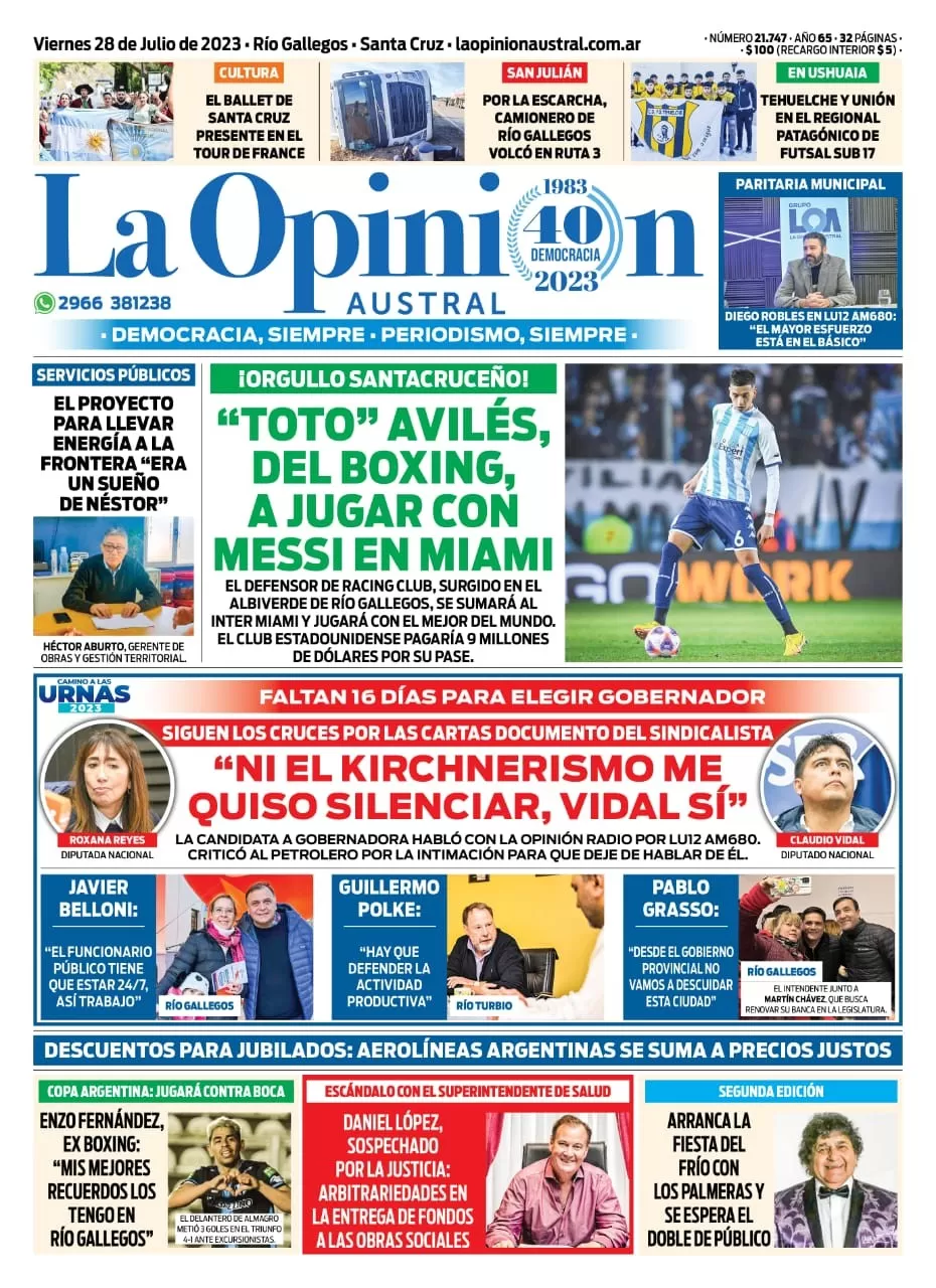 Diario La Opinión Austral tapa edición impresa del viernes 28 de julio de 2023, Río Gallegos, Santa Cruz, Argentina