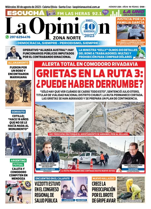 Diario La Opinión Zona Norte tapa edición impresa del miércoles 30 de agosto de 2023, Caleta Olivia, Santa Cruz, Argentina