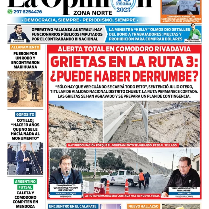 Diario La Opinión Zona Norte tapa edición impresa del miércoles 30 de agosto de 2023, Caleta Olivia, Santa Cruz, Argentina