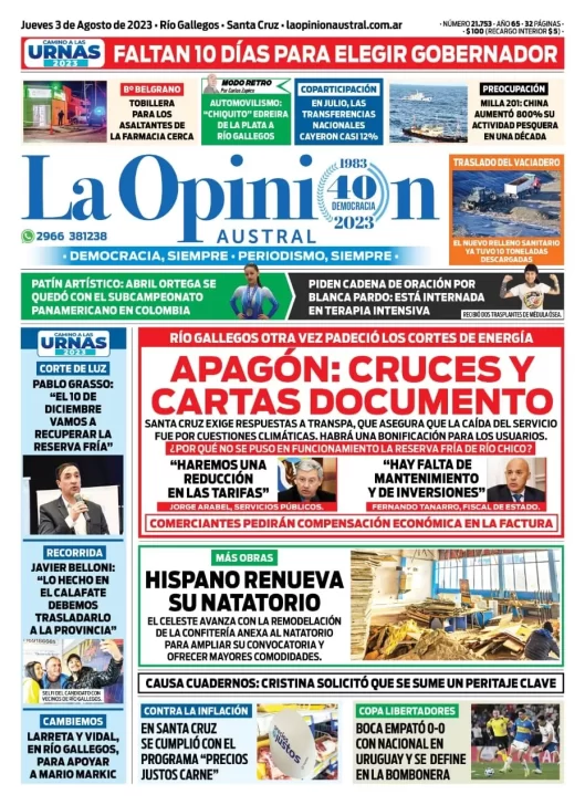 Diario La Opinión Austral tapa edición impresa del jueves 3 de agosto de 2023, Río Gallegos, Santa Cruz, Argentina