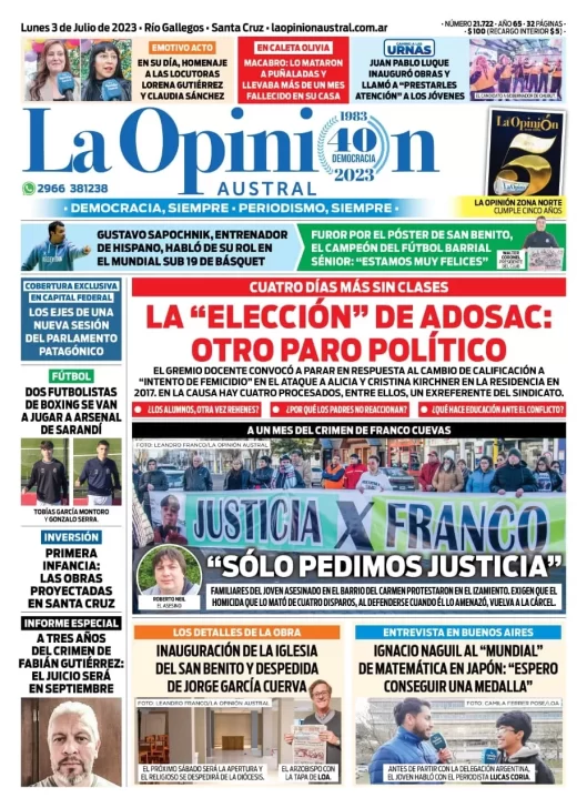 Diario La Opinión Austral tapa edición impresa del lunes 3 de julio de 2023, Río Gallegos, Santa Cruz, Argentina