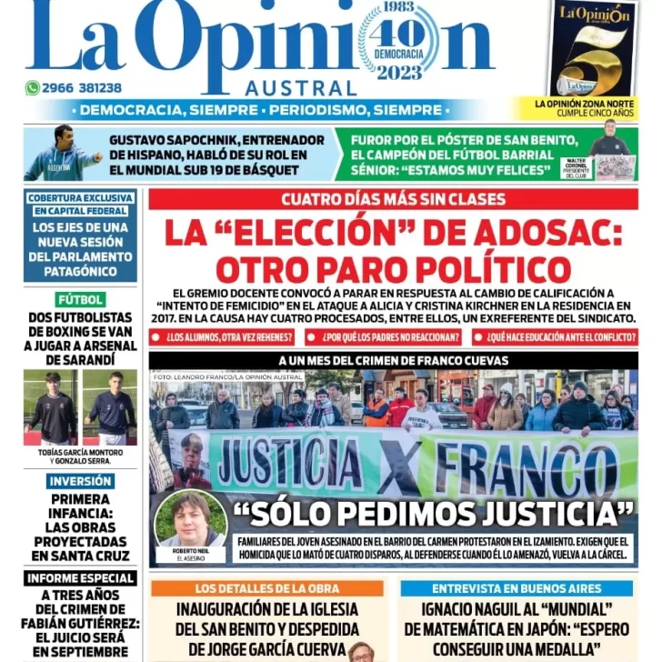 Diario La Opinión Austral tapa edición impresa del lunes 3 de julio de 2023, Río Gallegos, Santa Cruz, Argentina