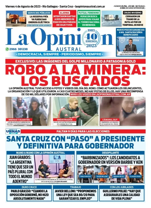 Diario La Opinión Austral tapa edición impresa del viernes 4 de agosto de 2023, Río Gallegos, Santa Cruz, Argentina