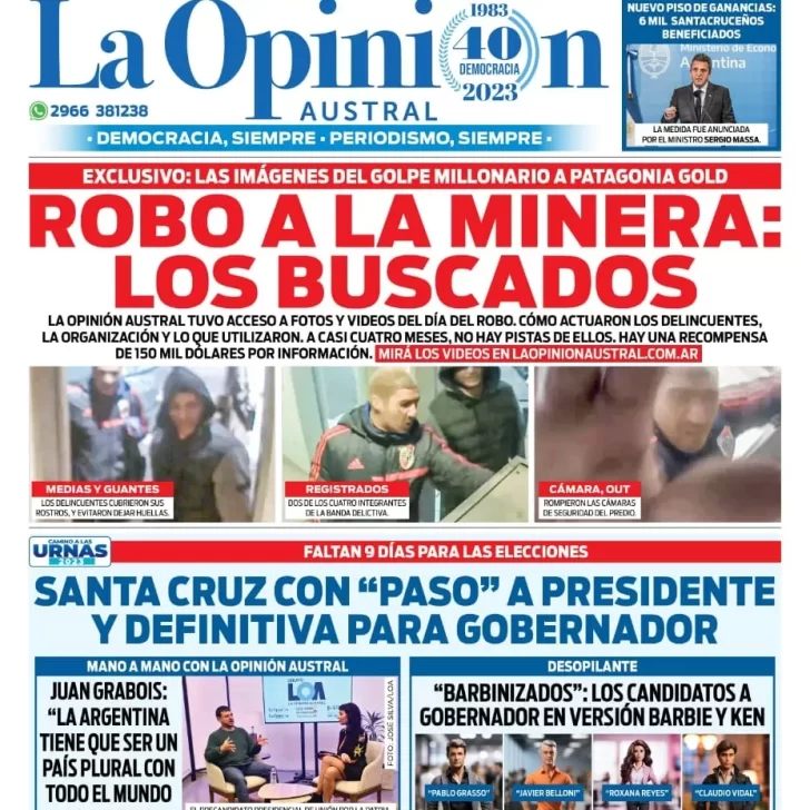 Diario La Opinión Austral tapa edición impresa del viernes 4 de agosto de 2023, Río Gallegos, Santa Cruz, Argentina