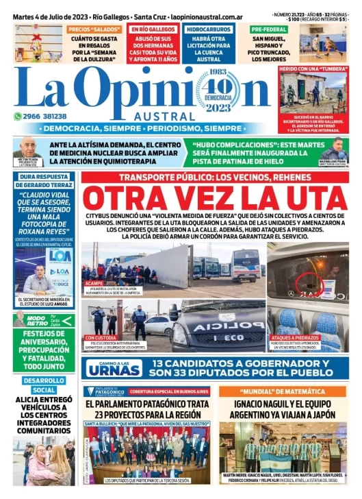 Diario La Opinión Austral tapa edición impresa del martes 4 de julio de 2023, Río Gallegos, Santa Cruz, Argentina