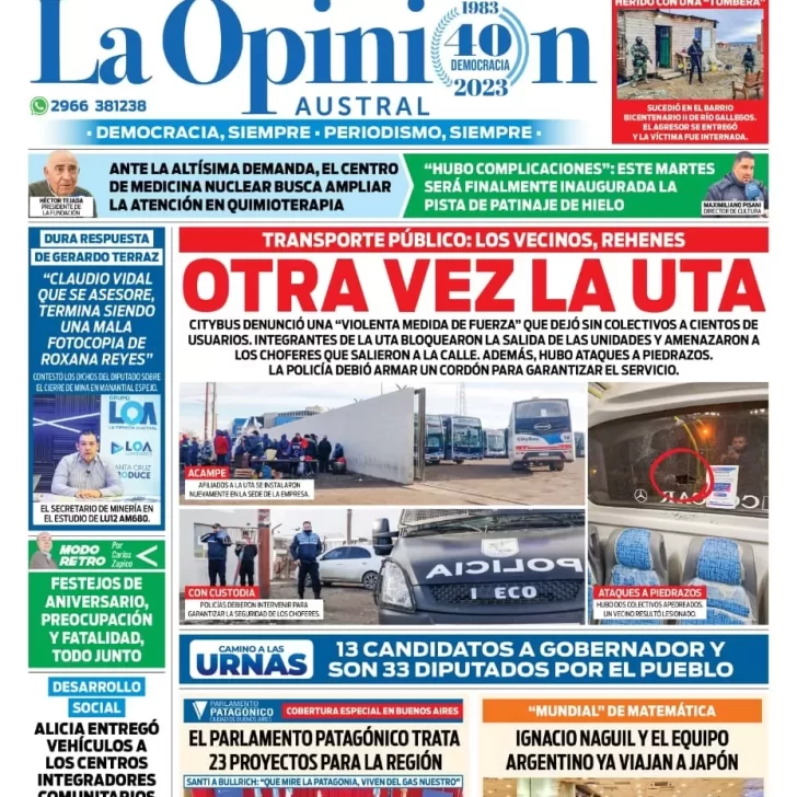 Diario La Opinión Austral tapa edición impresa del martes 4 de julio de 2023, Río Gallegos, Santa Cruz, Argentina