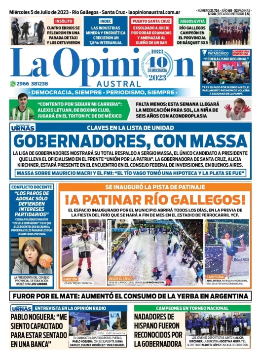 Diario La Opinión Austral tapa edición impresa del miércoles 5 de julio de 2023, Río Gallegos, Santa Cruz, Argentina