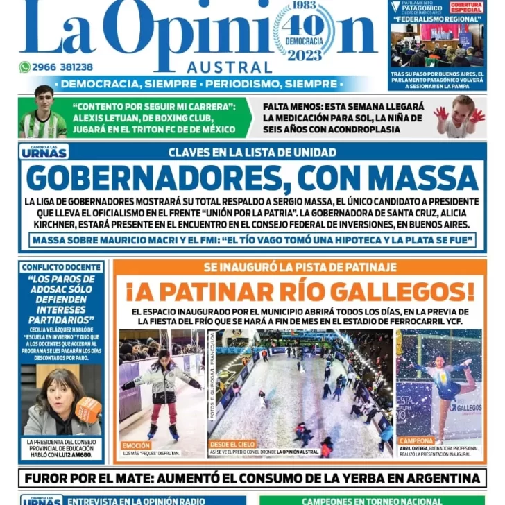 Diario La Opinión Austral tapa edición impresa del miércoles 5 de julio de 2023, Río Gallegos, Santa Cruz, Argentina