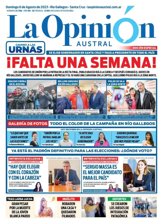 Diario La Opinión Austral tapa edición impresa del domingo 6 de agosto de 2023, Río Gallegos, Santa Cruz, Argentina