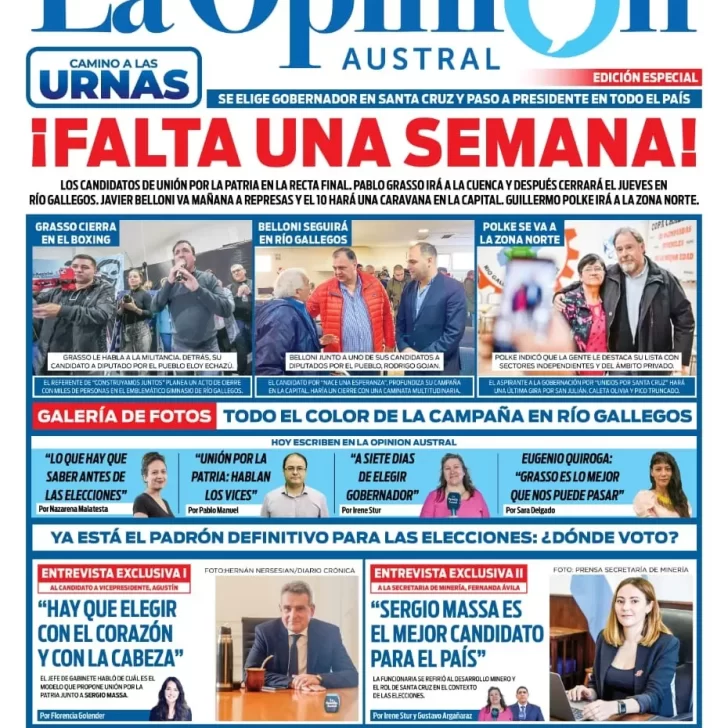 Diario La Opinión Austral tapa edición impresa del domingo 6 de agosto de 2023, Río Gallegos, Santa Cruz, Argentina