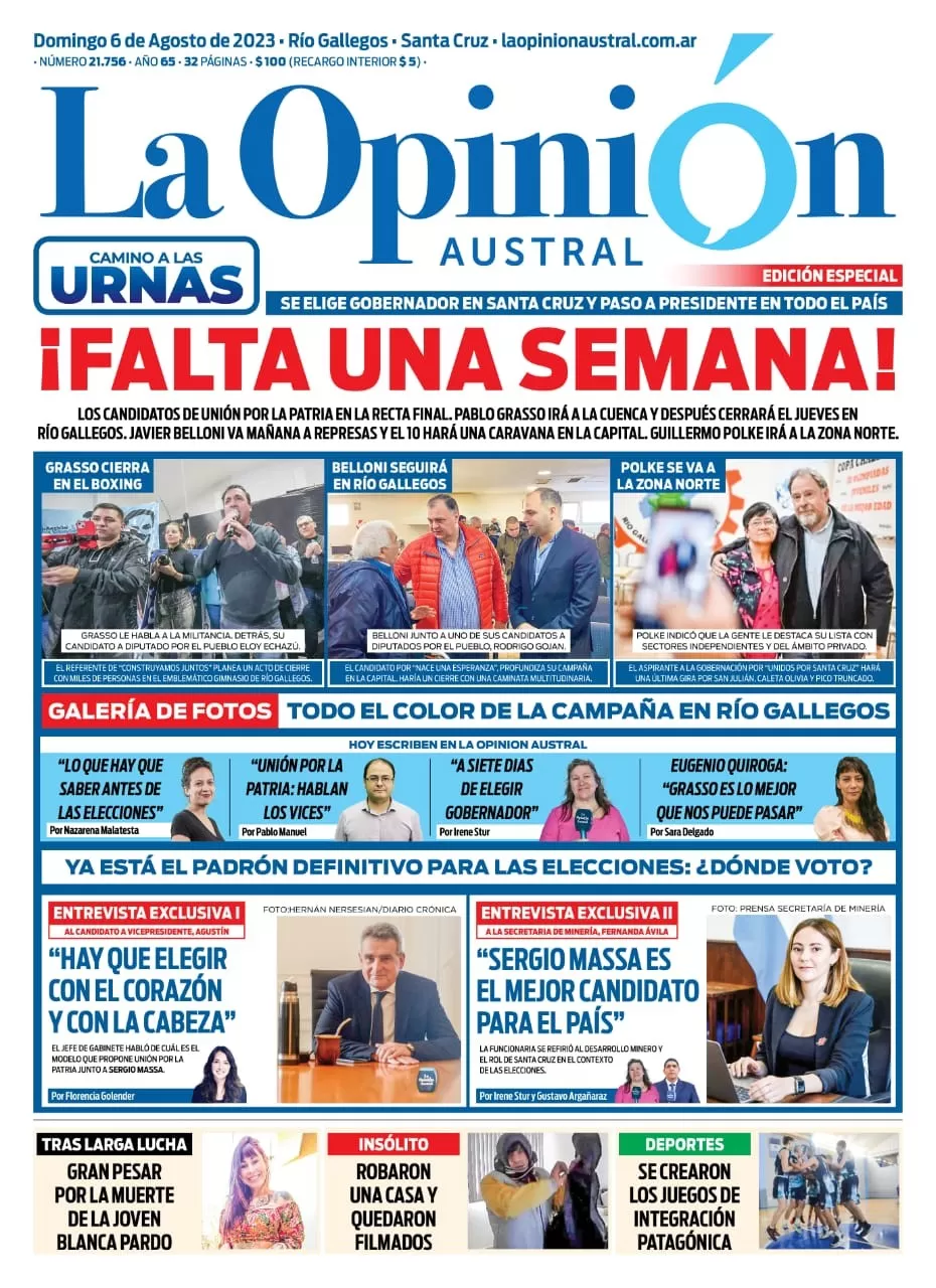 Diario La Opinión Austral tapa edición impresa del domingo 6 de agosto de 2023, Río Gallegos, Santa Cruz, Argentina