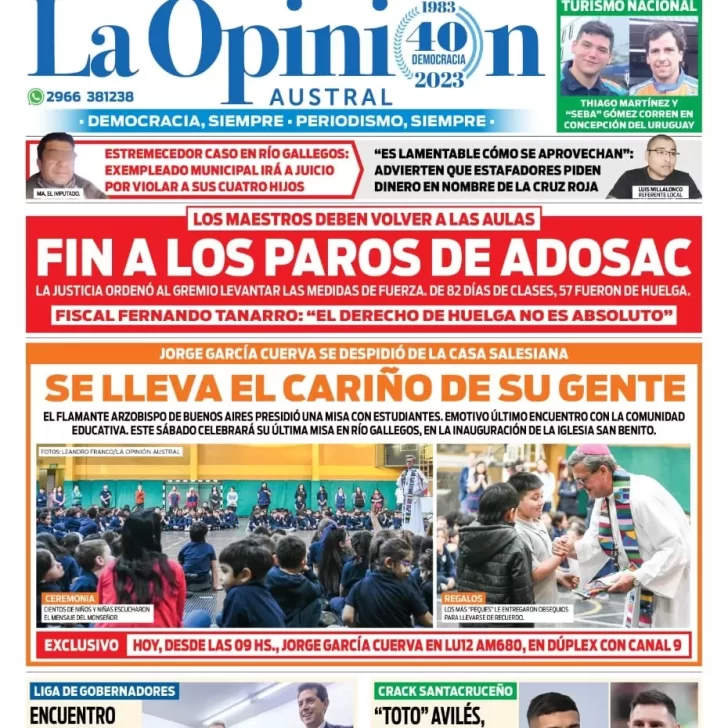 Diario La Opinión Austral tapa edición impresa del jueves 6 de julio de 2023, Río Gallegos, Santa Cruz, Argentina