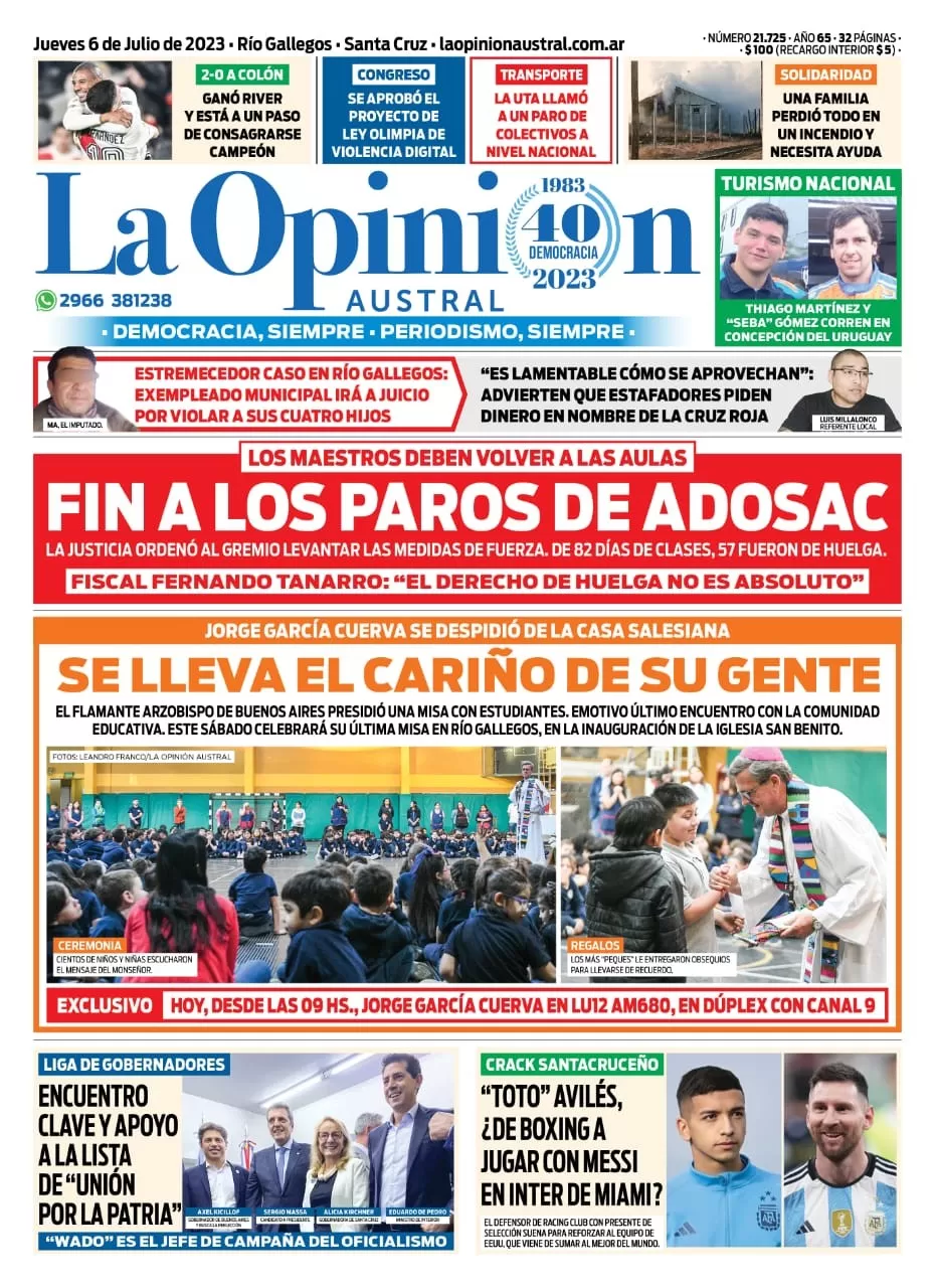 Diario La Opinión Austral tapa edición impresa del jueves 6 de julio de 2023, Río Gallegos, Santa Cruz, Argentina