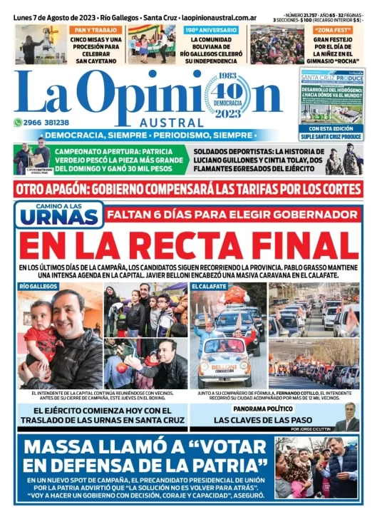 Diario La Opinión Austral tapa edición impresa del lunes 7 de agosto de 2023, Río Gallegos, Santa Cruz, Argentina