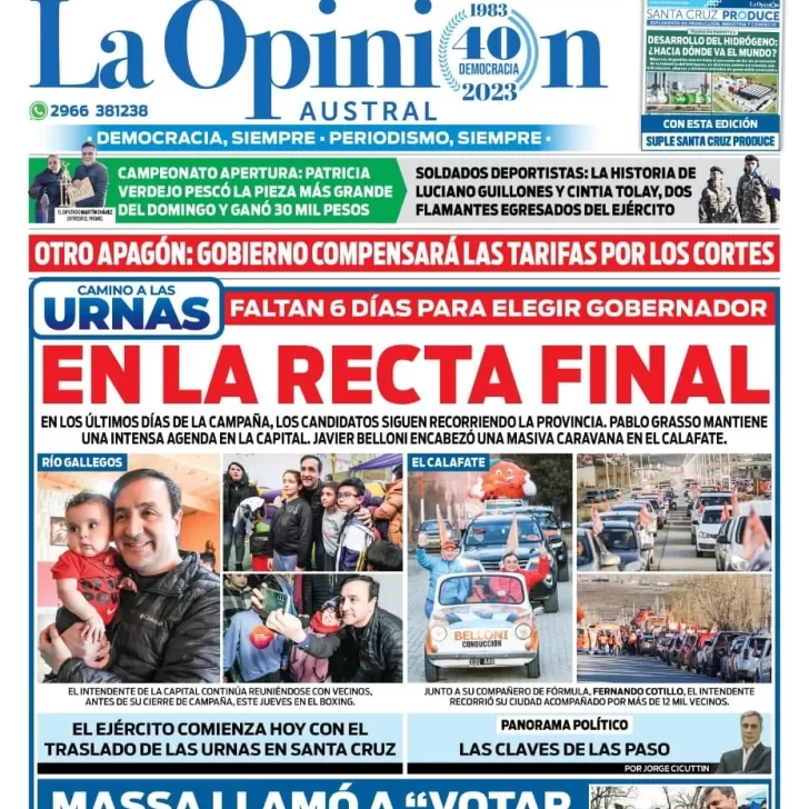 Diario La Opinión Austral tapa edición impresa del lunes 7 de agosto de 2023, Río Gallegos, Santa Cruz, Argentina