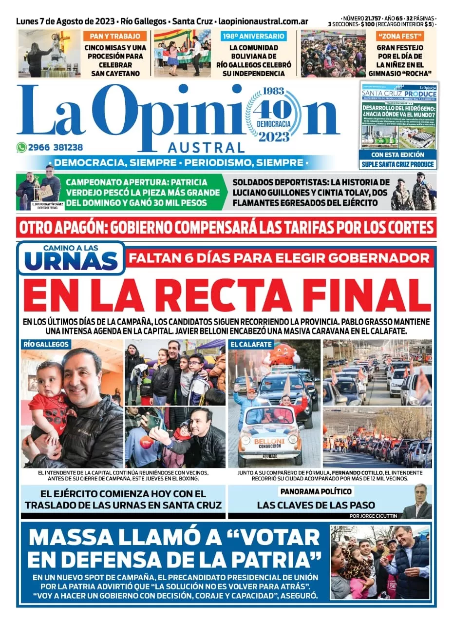 Diario La Opinión Austral tapa edición impresa del lunes 7 de agosto de 2023, Río Gallegos, Santa Cruz, Argentina