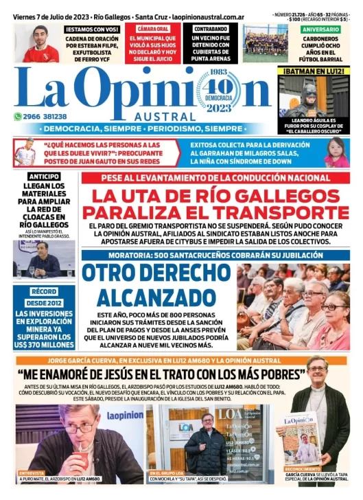 Diario La Opinión Austral tapa edición impresa del viernes 7 de julio de 2023, Río Gallegos, Santa Cruz, Argentina