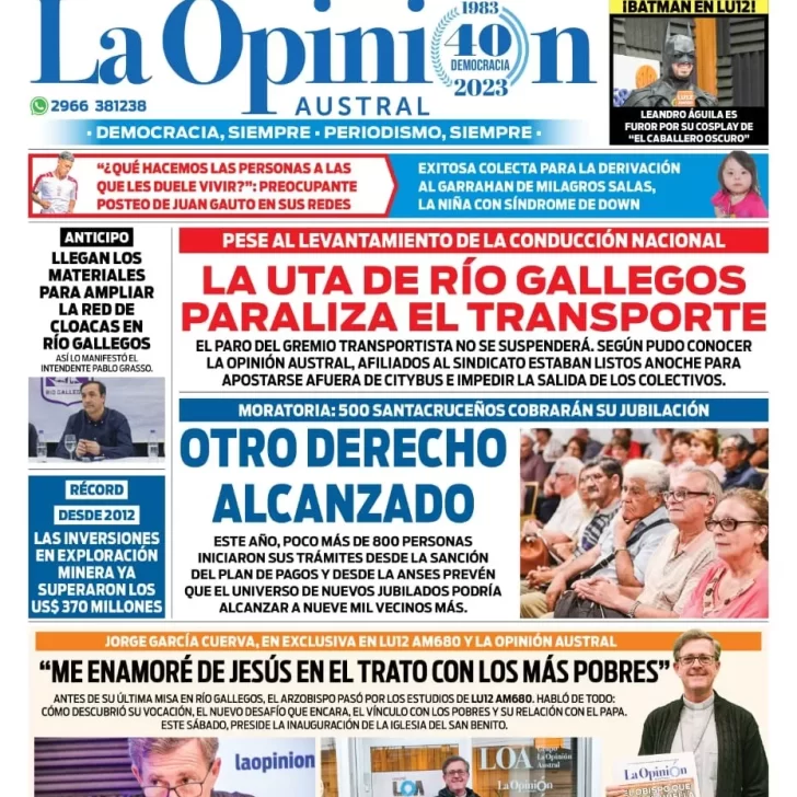 Diario La Opinión Austral tapa edición impresa del viernes 7 de julio de 2023, Río Gallegos, Santa Cruz, Argentina