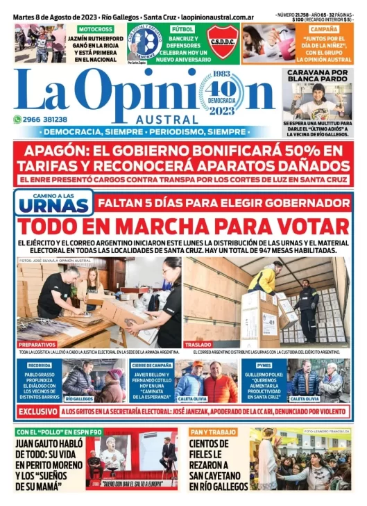 Diario La Opinión Austral tapa edición impresa del martes 8 de agosto de 2023, Río Gallegos, Santa Cruz, Argentina