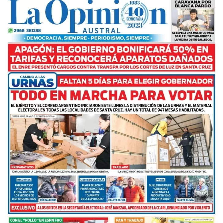 Diario La Opinión Austral tapa edición impresa del martes 8 de agosto de 2023, Río Gallegos, Santa Cruz, Argentina