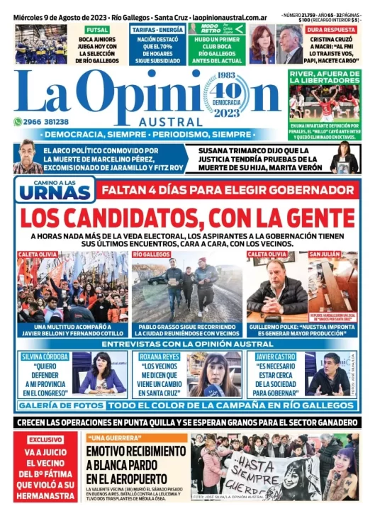 Diario La Opinión Austral tapa edición impresa del miércoles 9 de agosto de 2023, Río Gallegos, Santa Cruz, Argentina