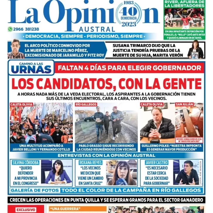 Diario La Opinión Austral tapa edición impresa del miércoles 9 de agosto de 2023, Río Gallegos, Santa Cruz, Argentina