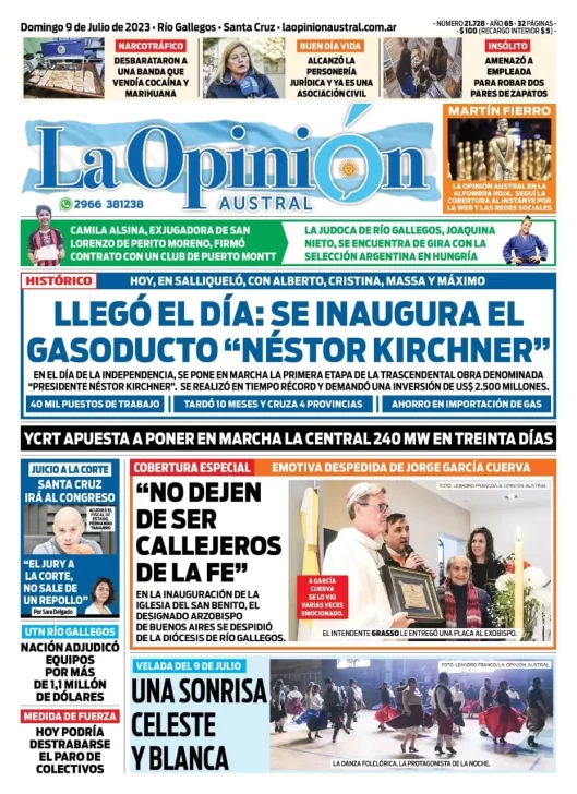 Diario La Opinión Austral tapa edición impresa del domingo 9 de julio de 2023, Río Gallegos, Santa Cruz, Argentina