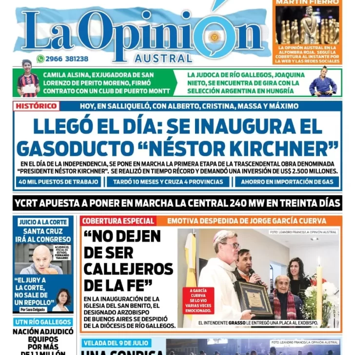 Diario La Opinión Austral tapa edición impresa del domingo 9 de julio de 2023, Río Gallegos, Santa Cruz, Argentina Diario La Opinión Austral tapa edición impresa del domingo 9 de julio de 2023, Río Gallegos, Santa Cruz, Argentina