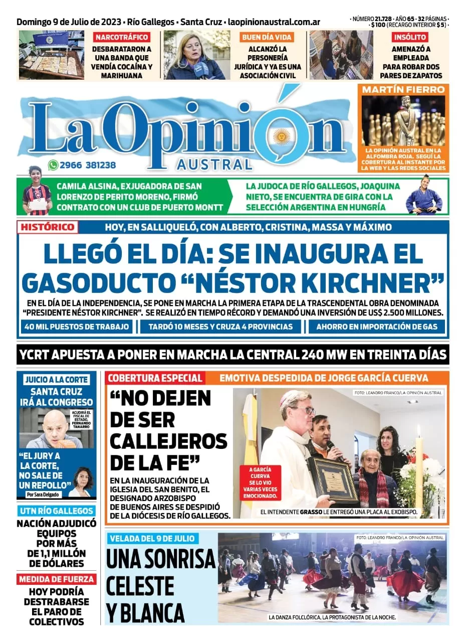 Diario La Opinión Austral tapa edición impresa del domingo 9 de julio de 2023, Río Gallegos, Santa Cruz, Argentina Diario La Opinión Austral tapa edición impresa del domingo 9 de julio de 2023, Río Gallegos, Santa Cruz, Argentina