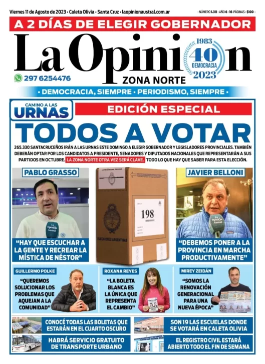 Diario La Opinión Zona Norte tapa edición impresa del viernes 11 de agosto de 2023, Caleta Olivia, Santa Cruz, Argentina