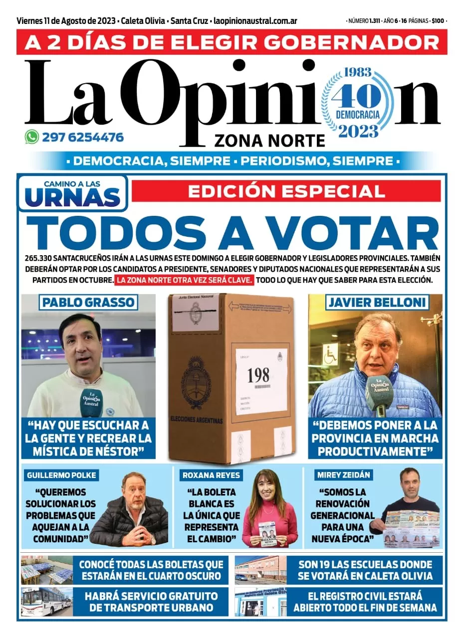 Diario La Opinión Zona Norte tapa edición impresa del viernes 11 de agosto de 2023, Caleta Olivia, Santa Cruz, Argentina